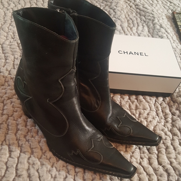 VINTAGE PAUL GREEN Western Cowboy Cowgirl Black Leather Pointed Toe Ankle Boots - Picture 8 of 16